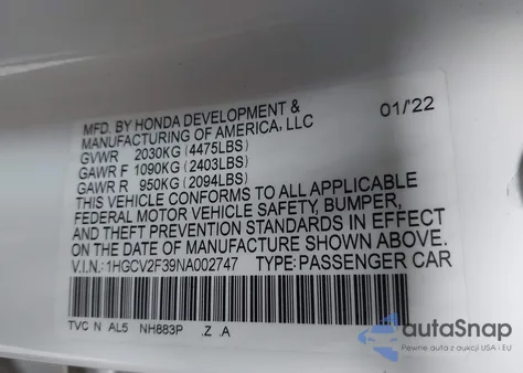 2022 Honda Accord Sport 2.0T из США, поврежденный, VIN 1HGCV2F39NA002747